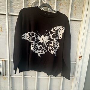 ROMWE women's Sweater Size M  black with white butterfly long sleeve oversized